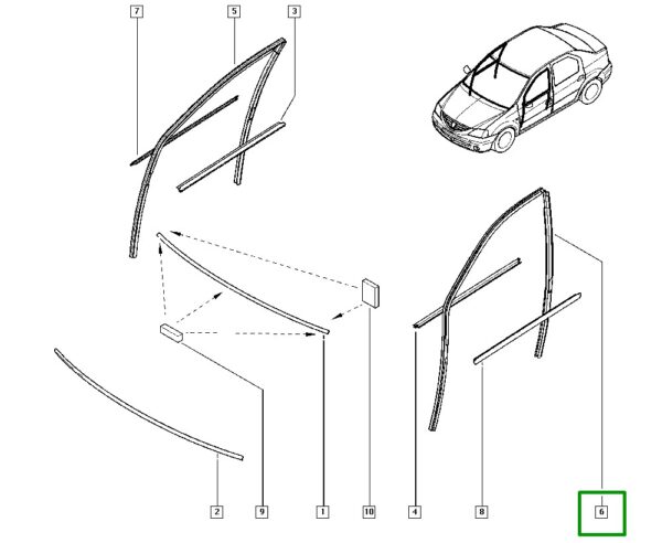 borracha vedação vidro porta esquerda renault sandero i 6001548983