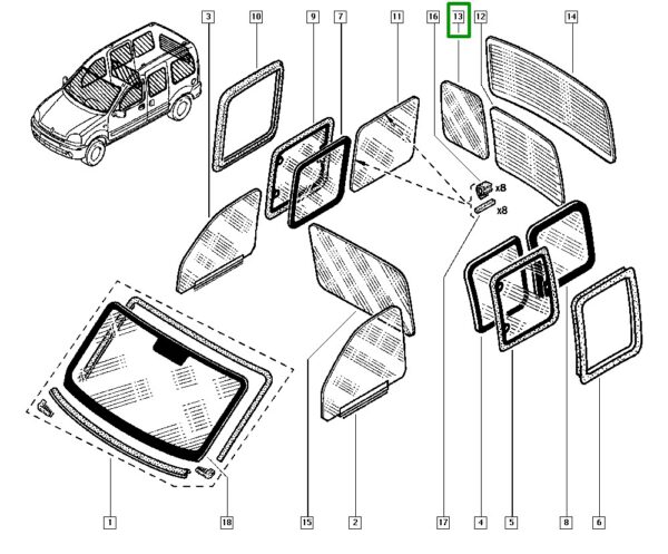 vidro janela porta traseira lado direito renault kangoo 7700303067